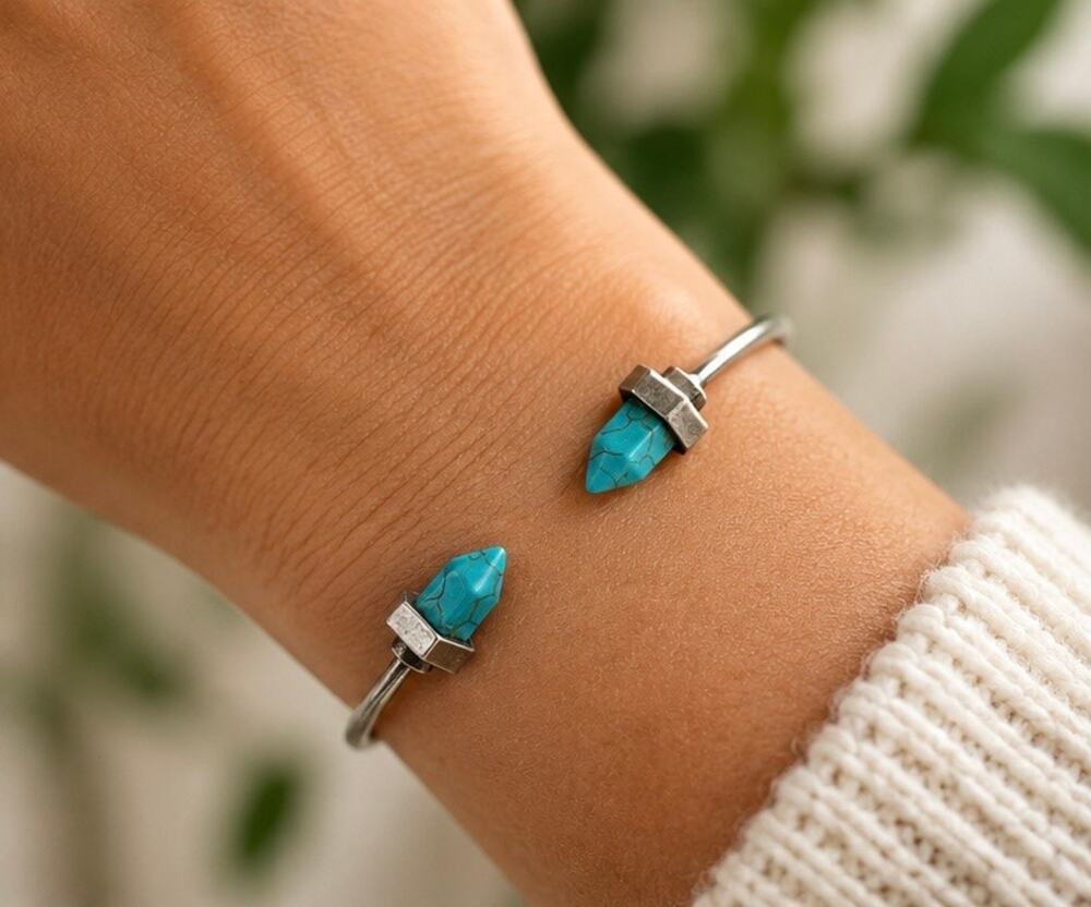 Turquoise Color Stone Point Cuff Bracelet, Stacking, Boho
